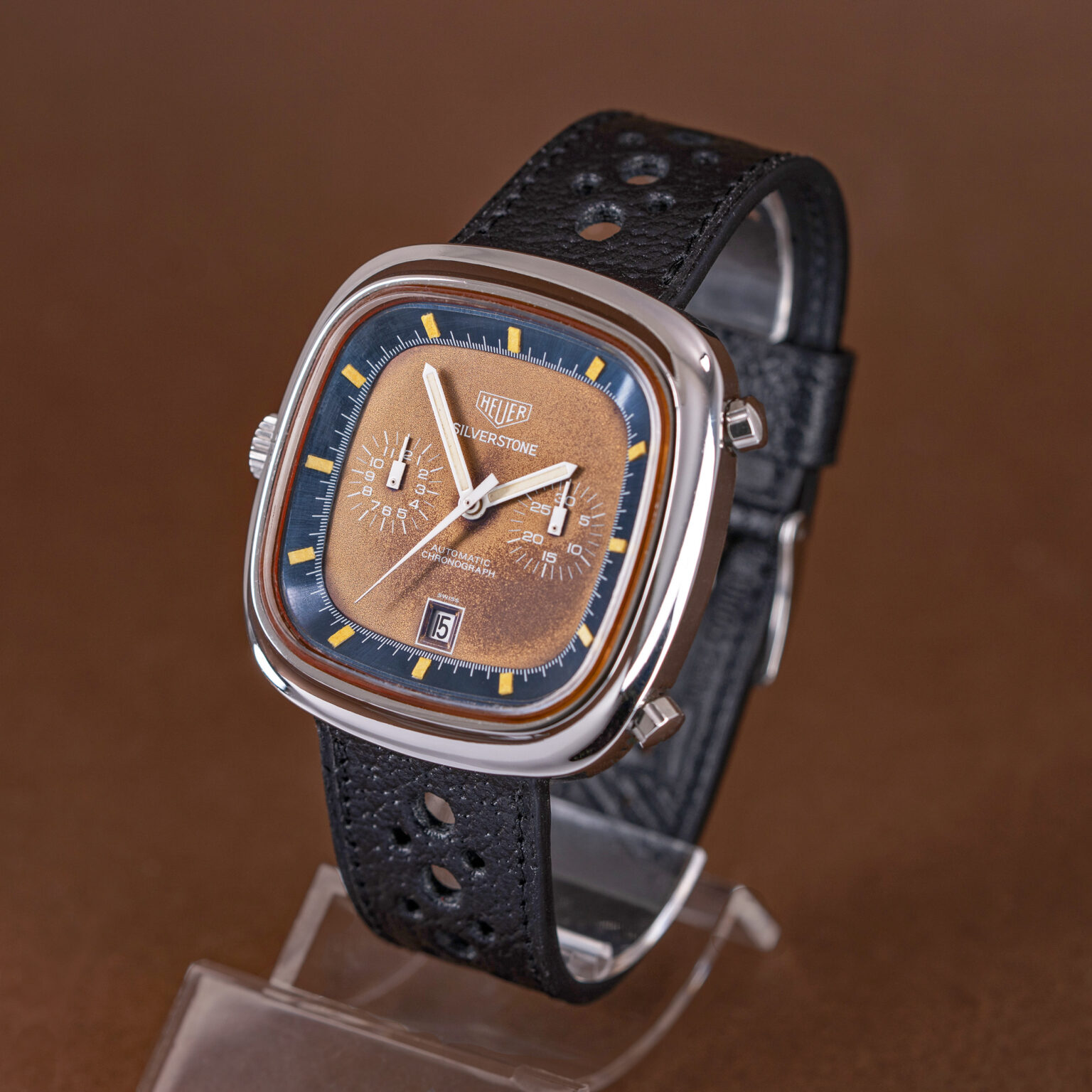 A rare Heuer Silverstone "Tropical" Automatic chronograph ref. 110.313B from around 1974.