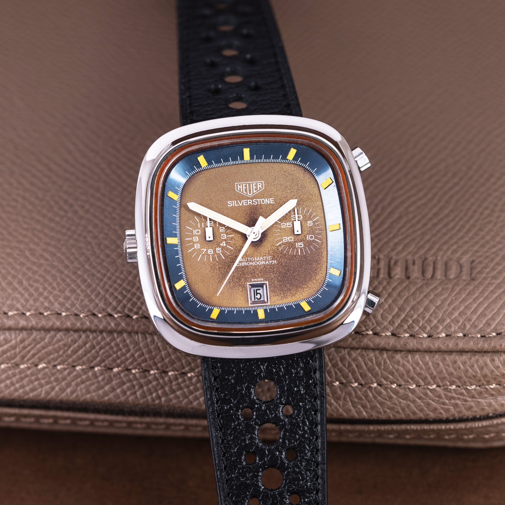 A rare Heuer Silverstone "Tropical" Automatic chronograph ref. 110.313B from around 1974.